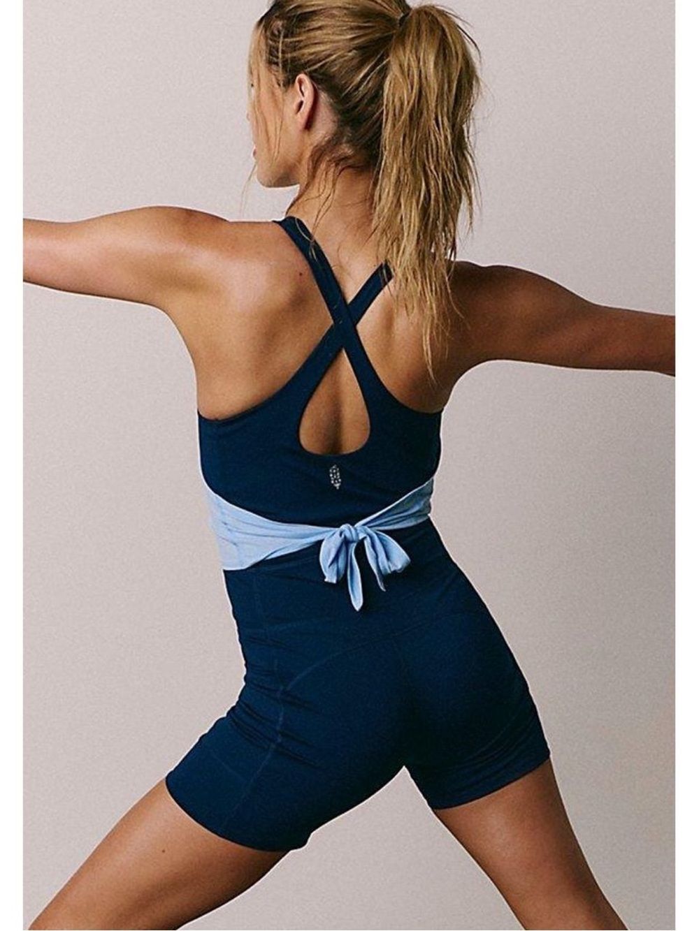 NWOT Free People Navy Blue Athletic Romper with Light Blue Tie